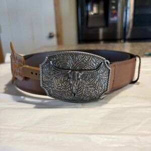 Western Brown Leather Belt Large Longhorn Bull Skull Engraved Buckle Cowboy